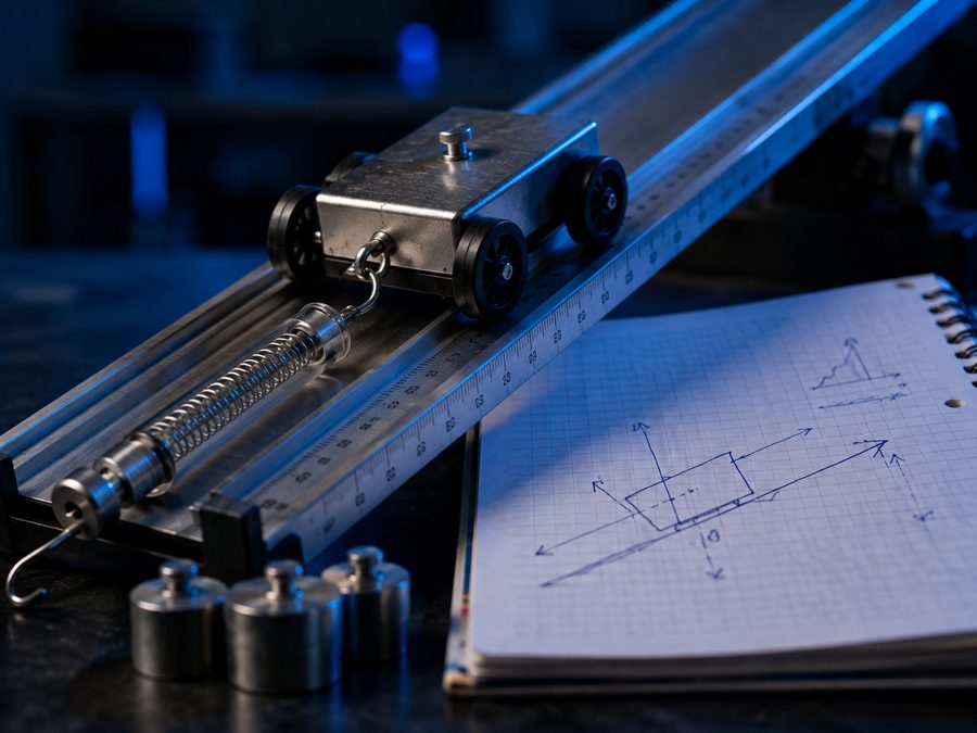 Material de laboratorio de física con diagramas de fuerzas